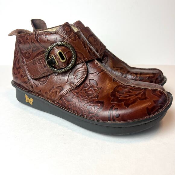 Alegria Shoes - Alegria Caiti Loretta Stamped Brown Leather Booties Ankle Boots Sz 9